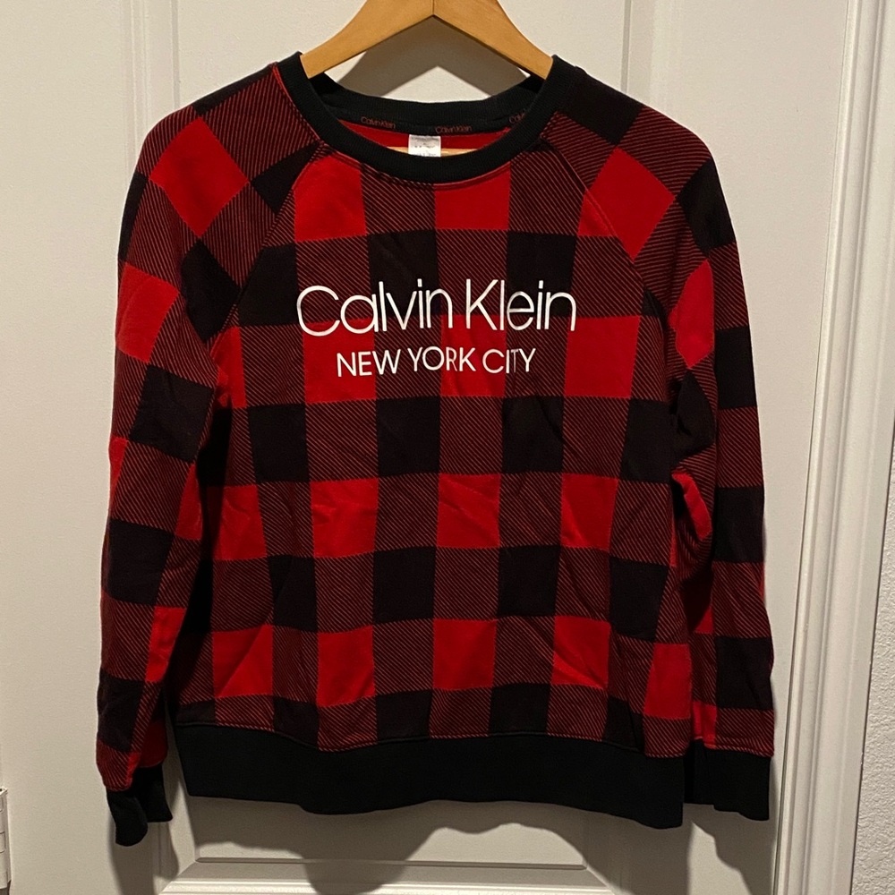 Calvin Klein Red and Black Checkered Crewneck Sweater